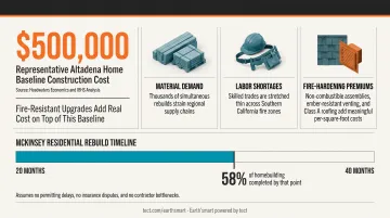 Wildfire home rebuild cost factors and construction timeline challenges breakdown infographic