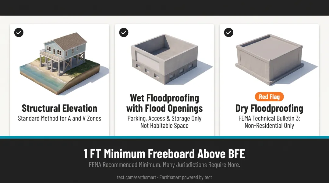 Three residential flood zone elevation and floodproofing methods comparison chart