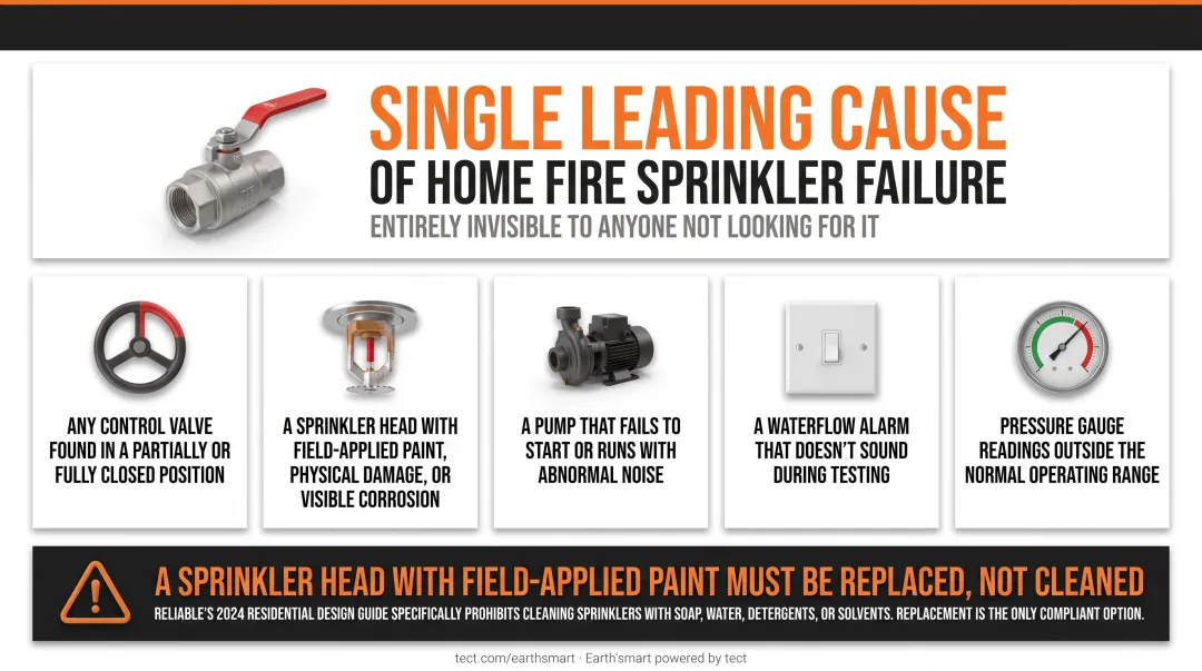 Residential fire sprinkler corrective maintenance triggers checklist infographic with action steps