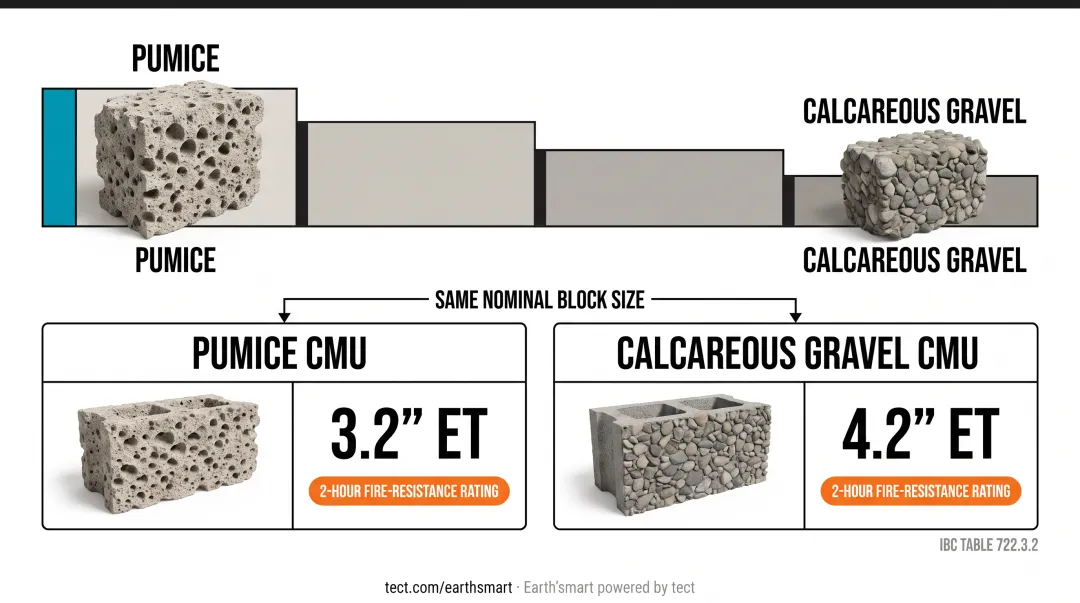 CMU aggregate type fire resistance comparison showing equivalent thickness requirements by rating