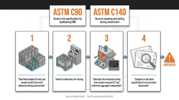 4-step ASTM C140 field sampling and fire rating verification process flow diagram