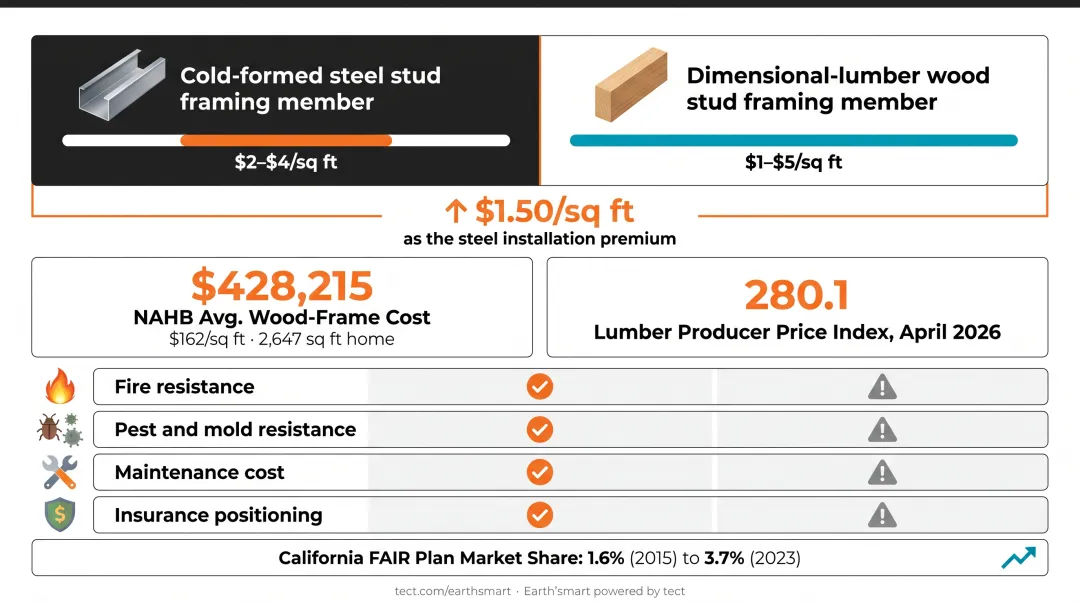 Steel home versus wood frame construction cost and lifecycle comparison side-by-side infographic
