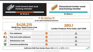 Steel home versus wood frame construction cost and lifecycle comparison side-by-side infographic