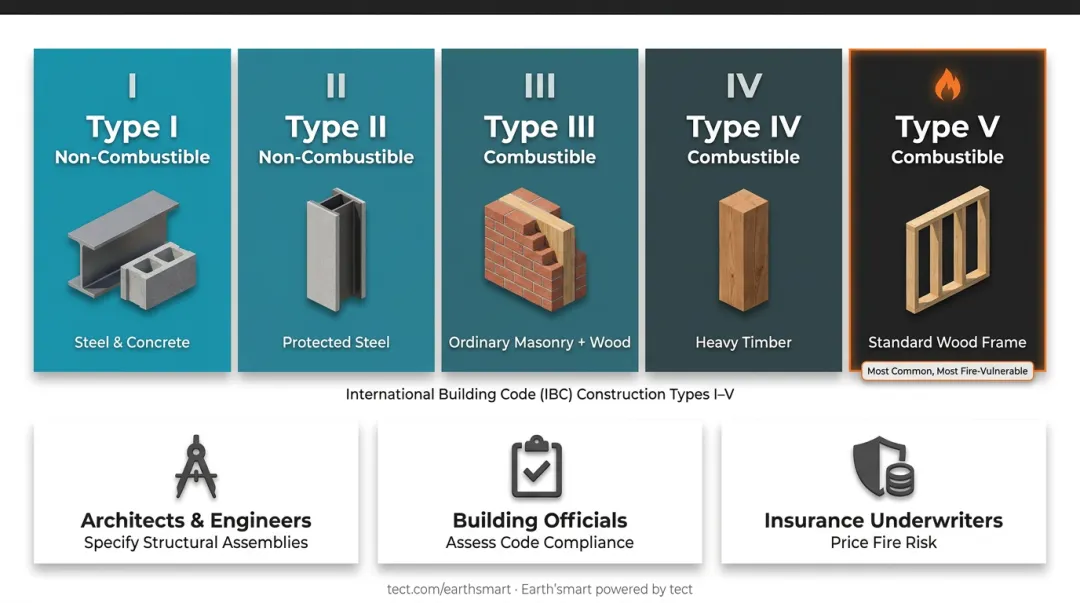 IBC five construction types combustibility scale from Type I to Type V