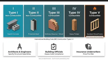 IBC five construction types combustibility scale from Type I to Type V