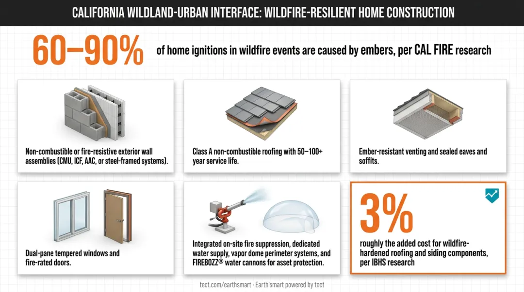 Wildfire-resistant home cross-section showing five key resilience design features