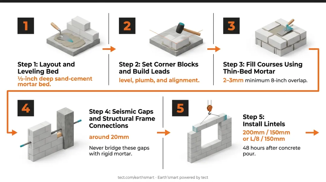 5-step AAC block installation process flow from layout to lintel installation