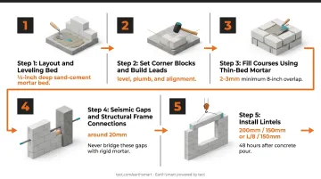 5-step AAC block installation process flow from layout to lintel installation