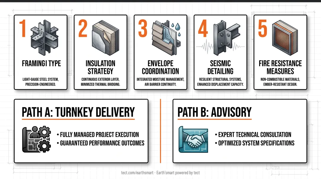 5 critical steel frame home design-stage decisions checklist process flow infographic