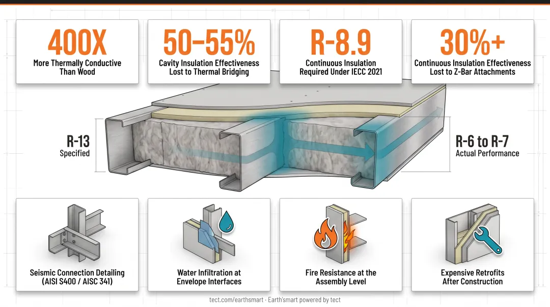 Steel frame wall assembly thermal bridging diagram showing R-value reduction from nominal to actual performance