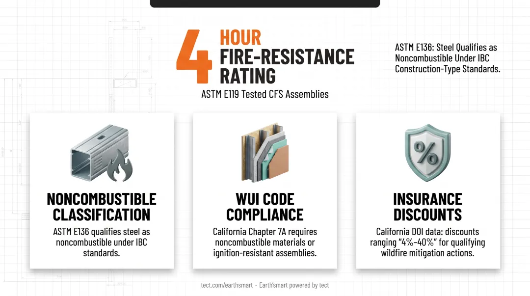 Steel frame home wildfire protection benefits noncombustibility WUI compliance insurance discounts