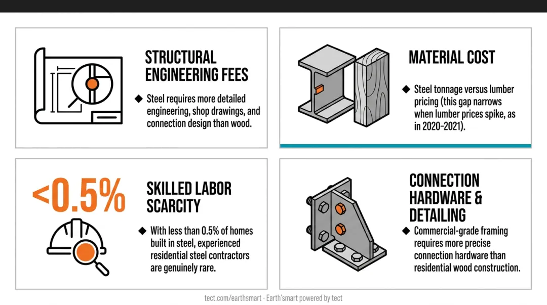 Four primary cost drivers of steel frame luxury home construction compared to wood framing