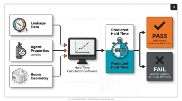 4-step room integrity testing process flow from preparation to hold time result
