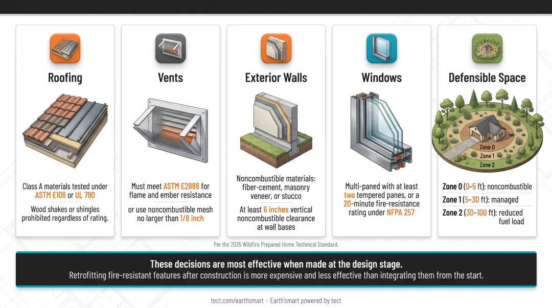 Wildfire-resilient home system diagram showing five key fire-hardening components and defensible zones