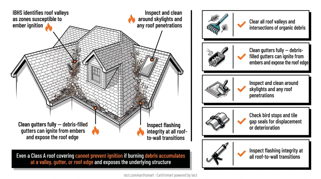 Five-item pre-fire season Class A roof maintenance checklist with inspection zones