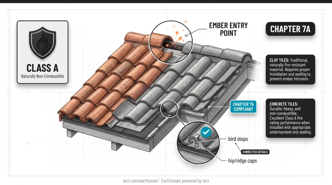 Clay tile roof ember intrusion gap vulnerabilities and required sealing details diagram