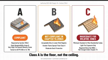 Class A B C unrated roof fire rating comparison chart California WUI compliance status