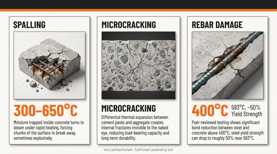 Three fire damage failure modes in concrete spalling microcracking rebar degradation