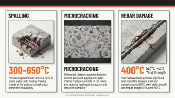 Three fire damage failure modes in concrete spalling microcracking rebar degradation