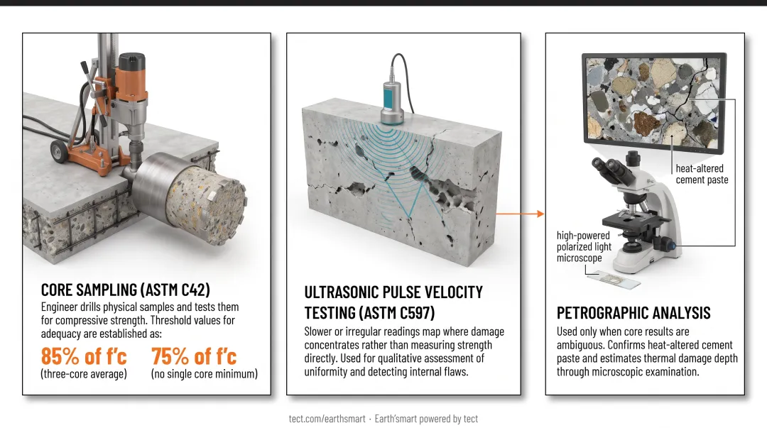 Three engineering methods for assessing fire-damaged concrete foundation structural integrity