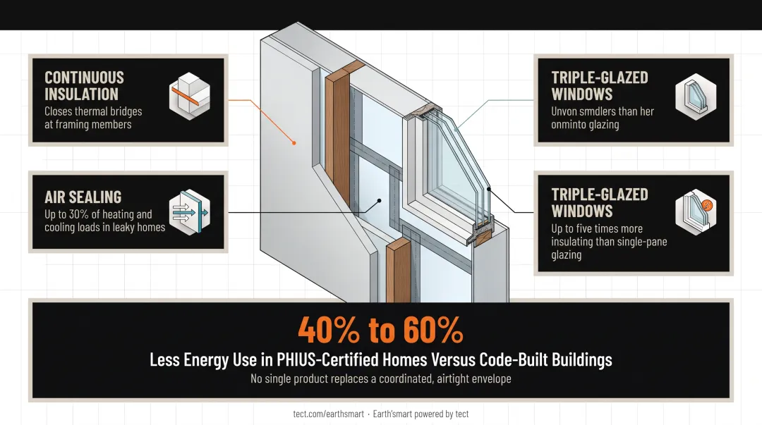 High-performance building envelope system components continuous insulation air sealing triple glazing