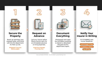 Four-step fire claim first 72 hours action checklist process flow infographic