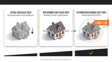 Three fire insurance coverage types ACV RCV and extended replacement cost comparison