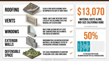 California WUI code requirements and FAIR Plan wildfire hardening discount breakdown infographic