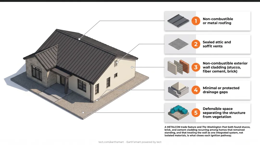 Fire-surviving home with stucco exterior walls and non-combustible cladding in wildfire zone
