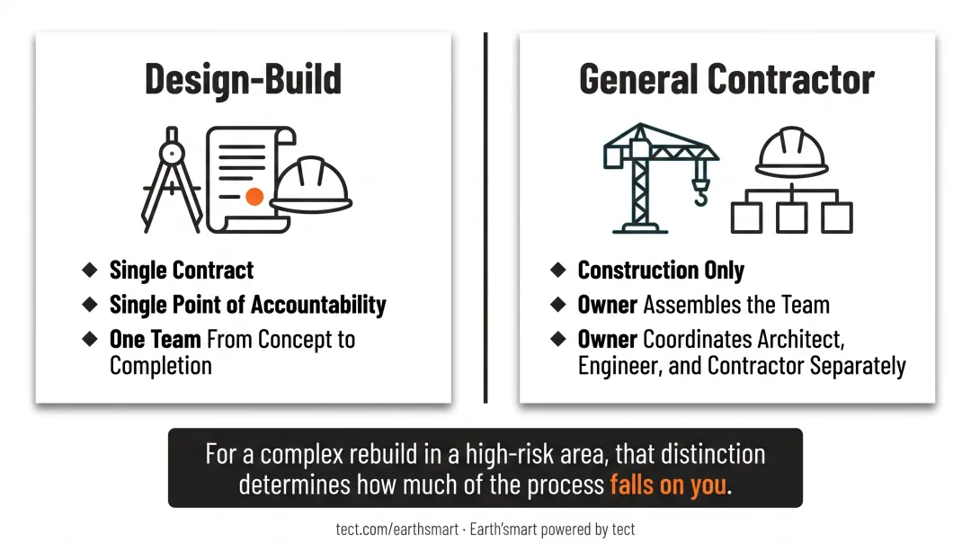 Design-build versus general contractor eight-factor side-by-side comparison infographic