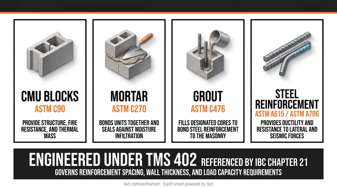Four core CMU wall material components and ASTM standards infographic