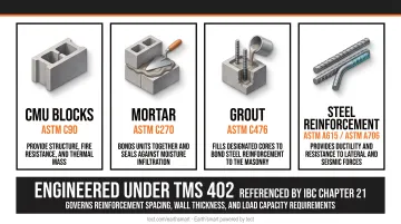 Four core CMU wall material components and ASTM standards infographic
