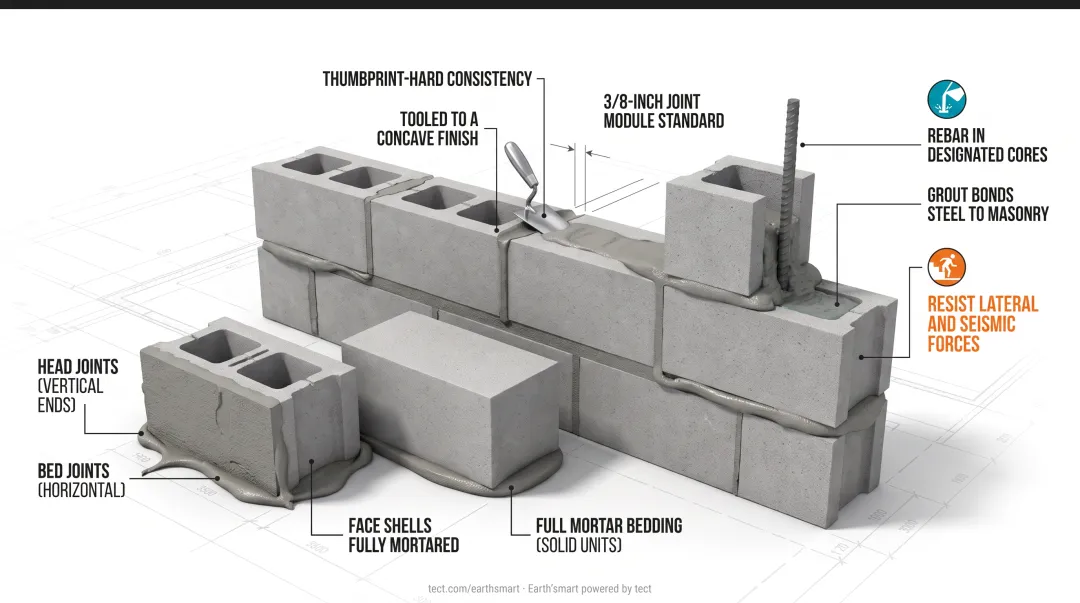 CMU wall build sequence five-stage process from foundation to grouted reinforced wall