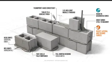 CMU wall build sequence five-stage process from foundation to grouted reinforced wall