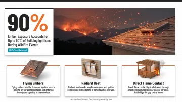 Three wildfire home ignition attack vectors embers radiant heat direct flame infographic