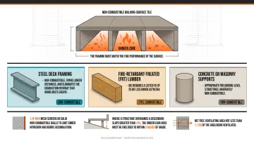 WUI deck assembly cross-section showing non-combustible framing enclosure and ember protection layers