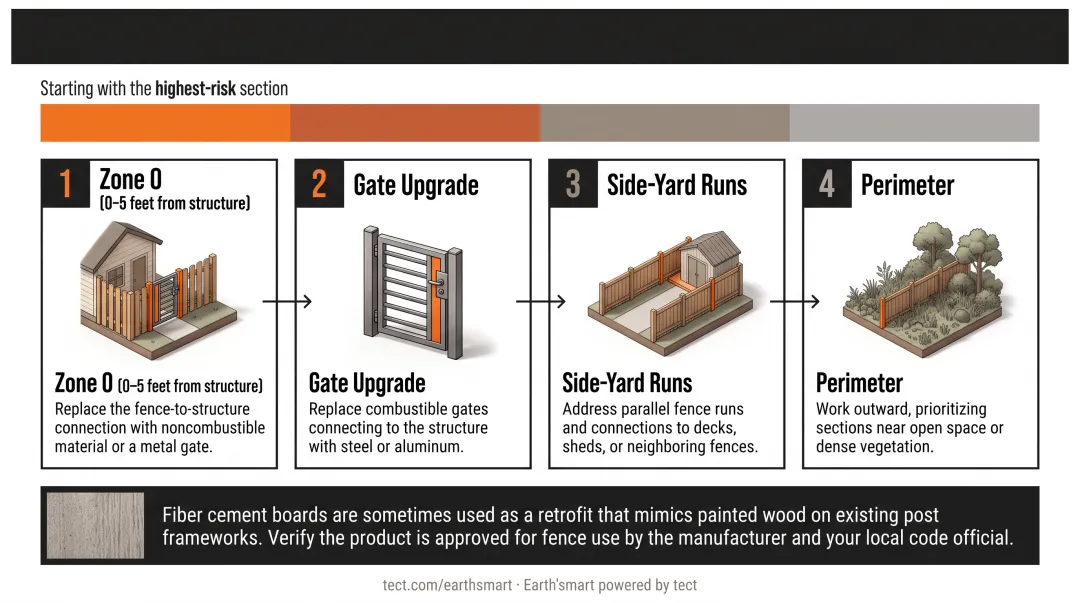 4-step phased fire-resistant fence upgrade sequence from Zone 0 to perimeter