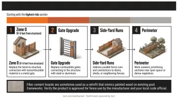 4-step phased fire-resistant fence upgrade sequence from Zone 0 to perimeter