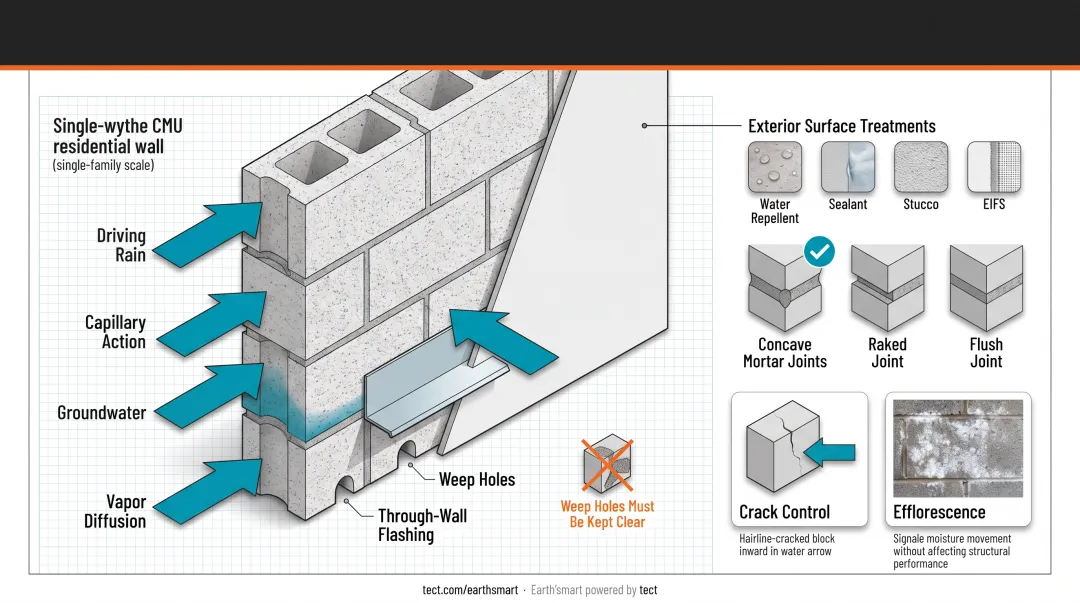 CMU wall moisture protection system five-component diagram with flashing and weep holes