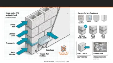 CMU wall moisture protection system five-component diagram with flashing and weep holes