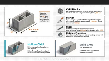 CMU wall materials checklist with mortar rebar grout and moisture protection specs