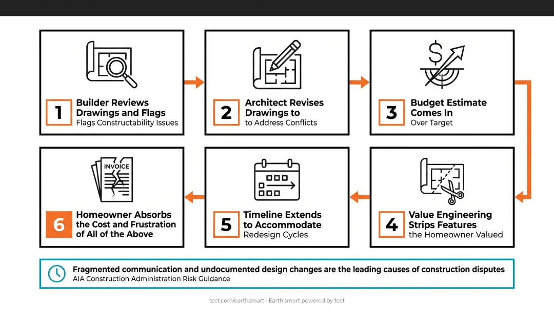 Six-step cascade failure sequence when builder is engaged after architectural drawings complete