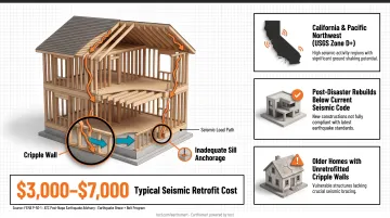 Seismic risk factors and retrofit cost comparison infographic for residential homes