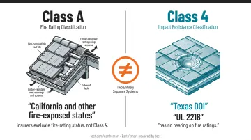 Class A fire rating versus Class 4 impact rating side-by-side comparison infographic