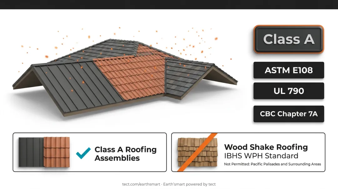 Roofing material fire resistance Class A rating comparison chart for wildfire zones