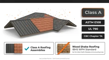 Roofing material fire resistance Class A rating comparison chart for wildfire zones