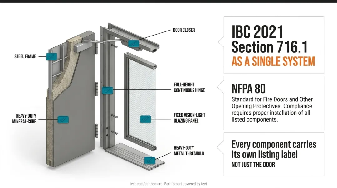 Four-component fire-rated door assembly system diagram with certification labels