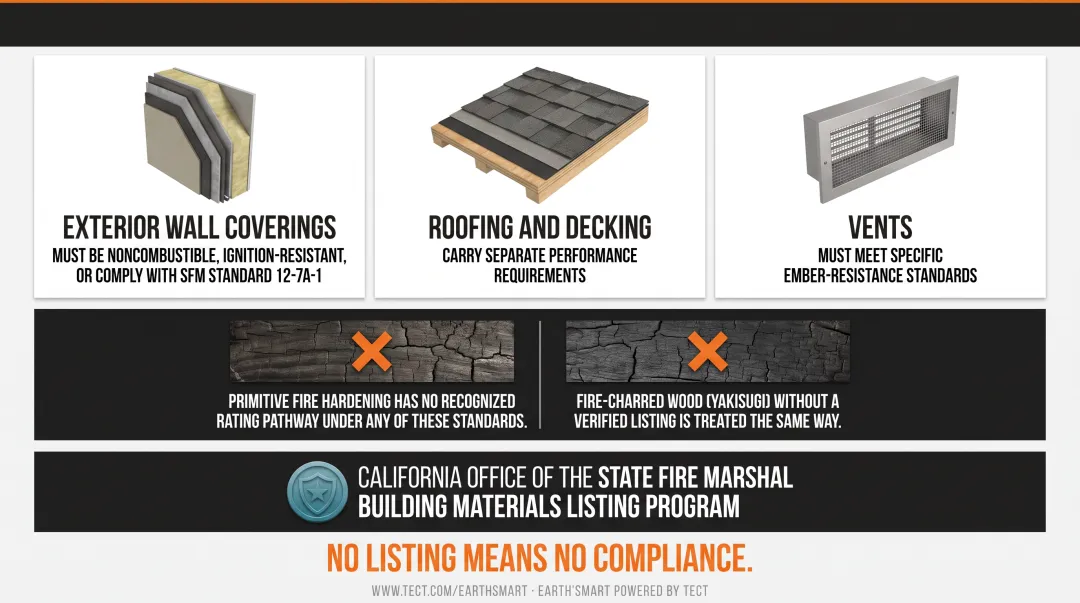 California Title 24 Chapter 7A WUI construction code requirements by assembly category