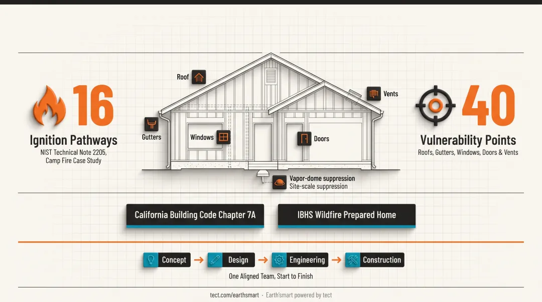 Wildland-Urban Interface home with fire-resistive exterior assembly and ember-resistant vents