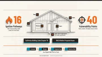Wildland-Urban Interface home with fire-resistive exterior assembly and ember-resistant vents